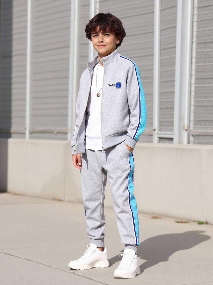 Tween Boy Letter Graphic Contrast Tape Raglan Sleeve Jacket & Sweatpants Without Tee Chic Outfits For Autumn/Winter