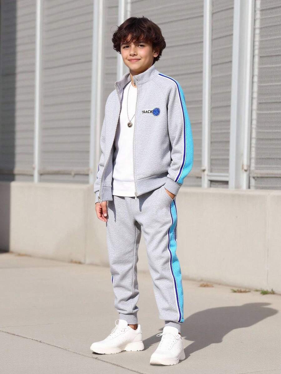 SHEIN Vacaura Tween Boy Letter Graphic Contrast Tape Raglan Sleeve Jacket & Sweatpants Without Tee Chic Outfits For Autumn/Winter - Grey - View 1