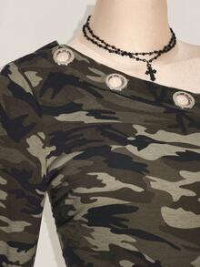 SHEIN ICON 大码斜肩金属孔眼装饰针织长袖上衣，秋季Y2K复古时尚迷彩针织上衣，女士休闲上衣 - 彩色 - 查看 6