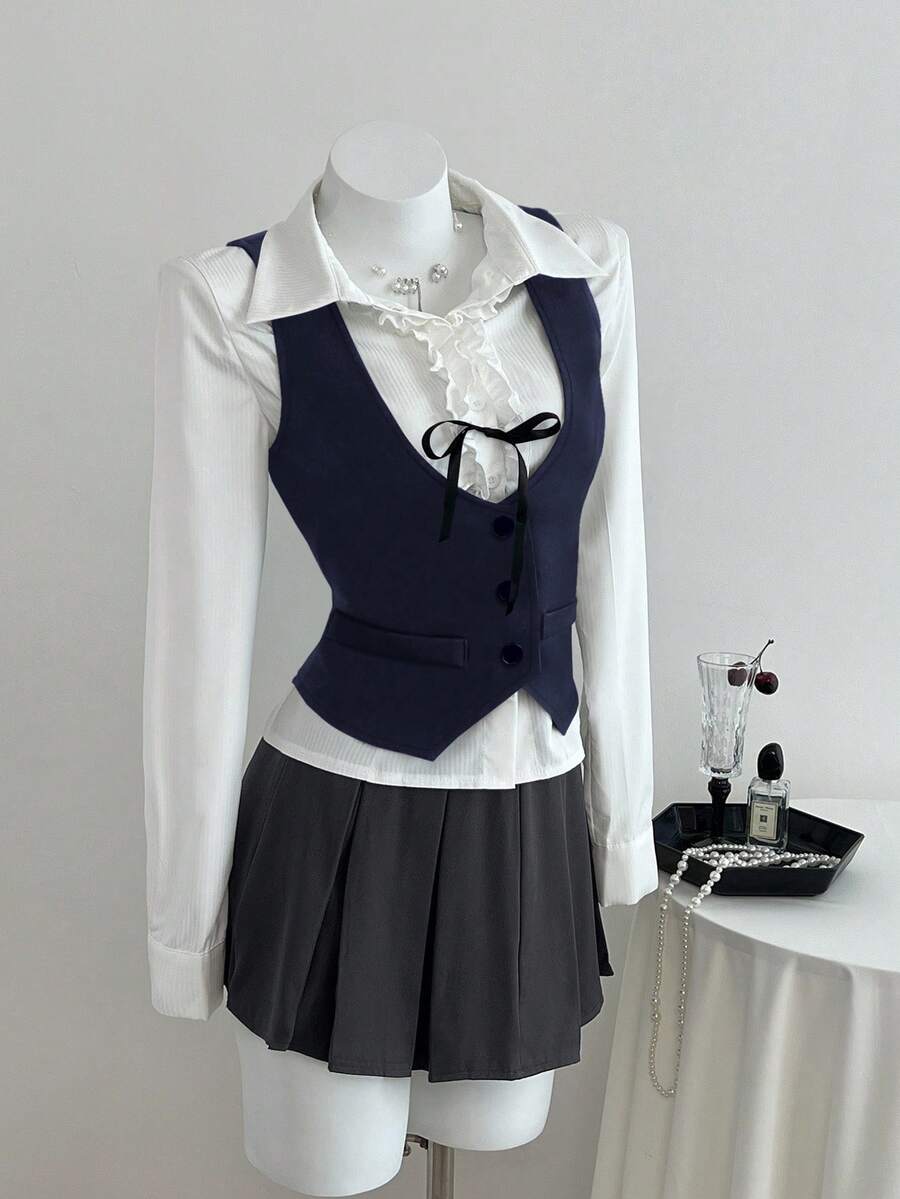 SHEIN Unity 女士秋季两件套服装，长袖背心和带蝴蝶结及荷叶边下摆的衬衫 - 藏蓝色 - 查看 1