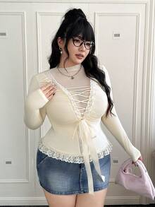 CovetEZ 大码女式蕾丝蝴蝶结长袖叠穿上衣，性感浪漫的圣诞氛围，秋冬款 - 白色 - 查看 7