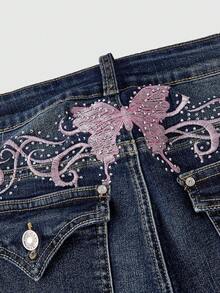 ROMWE J-Fashion Women's Y2K Baddie Rhinestone Butterfly Wing Embroidery Distressed Rhinestone Embellished Jeans - Navy Blue - View 4