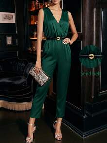 Balvessa 橄榄绿无袖交叉领优雅派对连体裤（含腰带）女款 - 墨綠色 - 查看 1