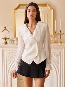 EMERY ROSE Blus Lengan Panjang Wanita Gaya Eropa Elegan dengan Leher V, Ruffle, dan Patchwork serta Pinggang yang Dikencangkan - Putih - View 3