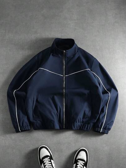 Manfinity Campus Court Aesthetic Post--Men's Solid Color Long Sleeve Zip-Up Collar Loose Casual Jacket Cropped Men Jacket Race Jacket Zip Up Jacket Men Track Jacket Navy Blue Jacket