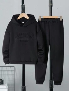 SHEIN Vacaura 2件套男童休闲连帽运动衫和运动裤针织套装，秋冬 - 黑色 - 查看 4