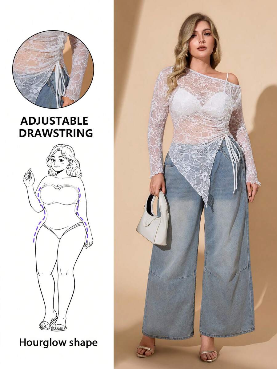 Hourglow Plus Size Women Solid Color Asymmetric Hem Sheer Sexy Drawstring Long Sleeve Top/2026 /New Year - White - View 1