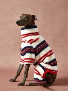 1件宠物秋冬时尚红黑条纹印花学院风双面毛绒保暖弹力舒适狗狗高领连体衣 - 彩色 - 查看 2