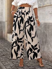 Brillora Women's Casual Beige Boho Summer Vacation Holiday All-Over Print High Waist Side Pockets Loose Wide Leg Pants,Bohemian Printed Palazzo Trousers - Apricot - View 1