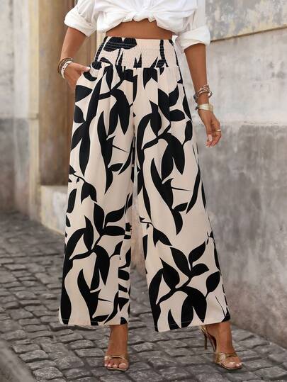 Brillora بنطلون نسائي عرض واسع بخصر عالي وجيوب جانبية، بطراز عطلة عفوي، أسلوب بوهيمي مطبوع، بنطلون عطلة استرخائي للنساء، بنطلون بوهيمي واسع الساق للنساء، من الربيع إلى الصيف