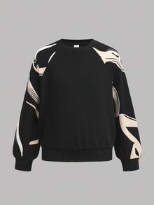 SHEIN Sudadera informal con cuello redondo y mangas raglán con estampado floral y patchwork para niña preadolescente - Negro - Ver 5