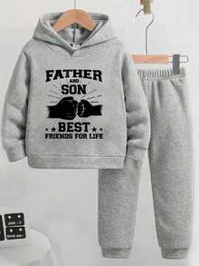 年轻男孩时尚印花舒适休闲运动衫套装 - 灰色 - 查看 1