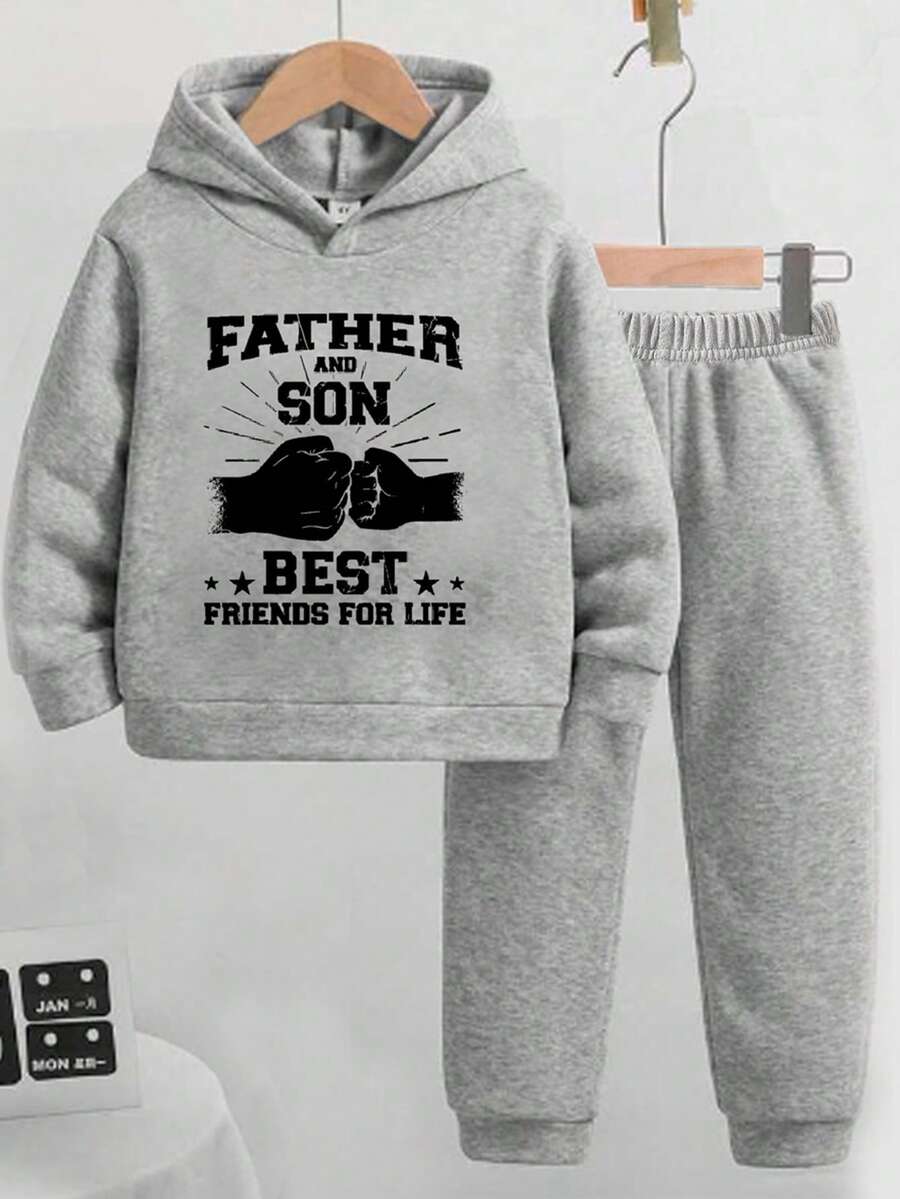 年轻男孩时尚印花舒适休闲运动衫套装 - 灰色 - 查看 1