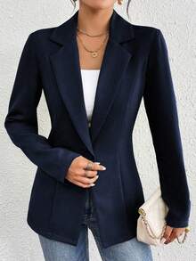 SHEIN Unity Blazer de cintura ceñida de unicolor, amigable para el transporte - Azul Marino - Ver 6