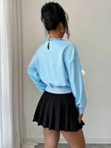 Elenzga Áo nỉ ngắn họa tiết nơ tối giản thời trang thu đông mới cho nữ - Màu xanh nhạt - Xem 2