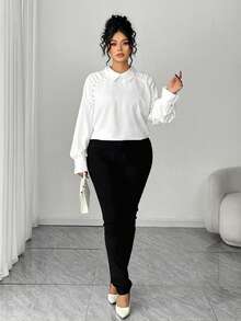 Elenzga Plus Size Asymmetrical Cut-Out Pleated Decor Button Down Long Sleeve Loose Blouse, Elegant For Outings, Commute, Dates, Gatherings - White - View 5