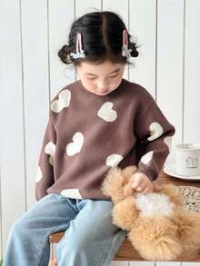 SHEIN 女童休闲心形图案套头毛衣 - 駝色 - 查看 7