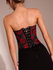 SHEIN Glamour 女士Y2K花卉图案弧形下摆时尚抹胸上衣 - 黑色 - 查看 2