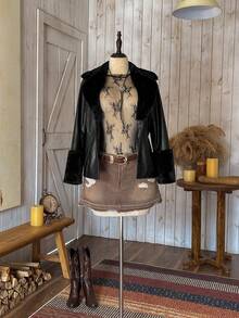 Wildy Solid Color Long Sleeve Casual PU Patchwork Waisted Jacket With Drawstring In Fall/Winter - Black - View 5