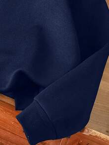 舒适秋冬款式，休闲时尚创意个性清新简约别致的咖啡、冰淇淋、珍珠奶茶、爱心、豹纹、杯子图案、标语印花舒适套头卫衣，适合少女日常穿着 - 藏蓝色 - 查看 6