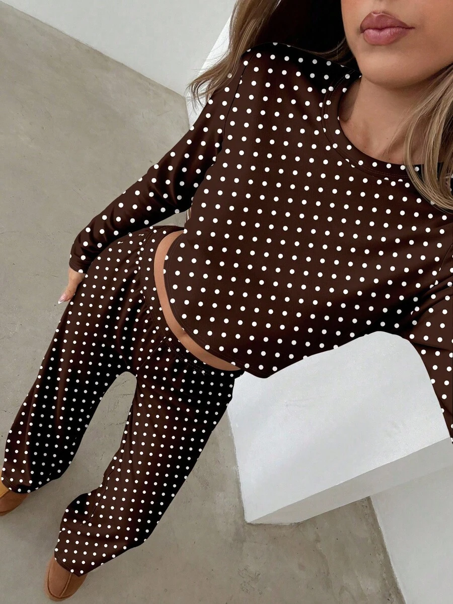 Aloruh Bộ đồ ngủ mặc nhà thường ngày cho nữ, áo thun cổ tròn tay dài chấm bi màu nâu và quần ống đứng dáng rộng, thích hợp mặc hàng ngày, trang phục mặc nhà thanh lịch, thể thao, thu/đông, trở lại trường học - trắng - Xem 1