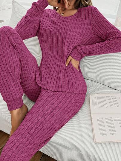 SHEIN Women's Ribbed Fleece V-Neck Long Sleeve Pajama Set Winter Clothes