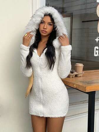 MainGRL Damen Regular Kunstpelz Jacke mit Kapuze, Weiß