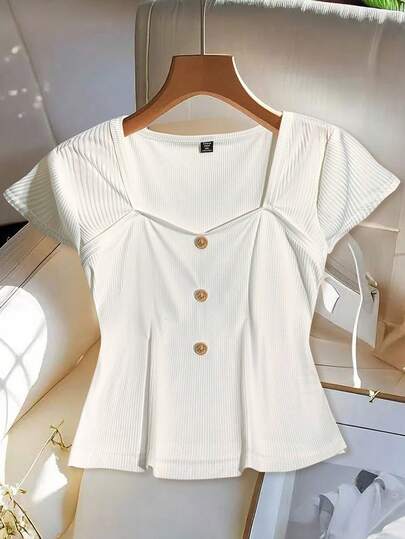 GlowEve CURVE Women's Solid Color Square Collar Knit Short Sleeve Gold Button Decor Cropped Top, Summer