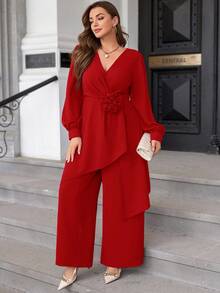 Ellevyn Bộ 2 món vải voan dài tay cỡ lớn, Thu/Đông - Đỏ - Xem 6