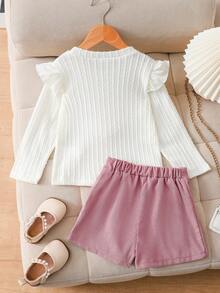 Elladie kids 2 pezzi/set Ragazza giovane, stile casual di tutti i giorni, stile di strada alla moda, t-shirt a maniche lunghe con design a cuore a girocollo e pantaloncini in velluto a coste, completo adatto per tutte le stagioni - Rosa - Visualizzare 2