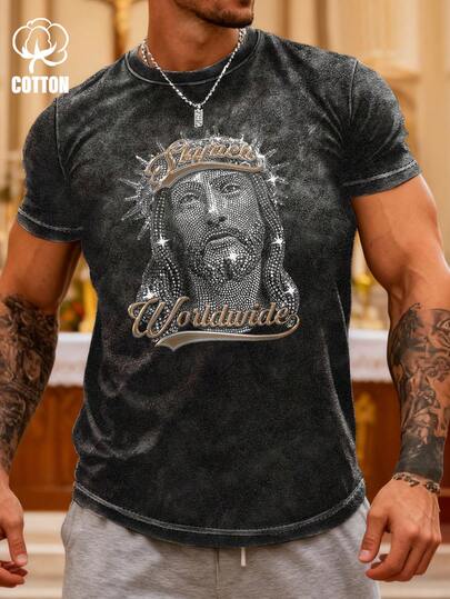 Manfinity 男士复古水洗T恤，饰有基督教图案，休闲款