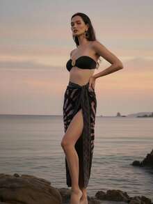 CAJUNI 女式夏季海滩度假风格贝壳印花透明裹身系带纱笼裙 - 黑色 - 查看 13