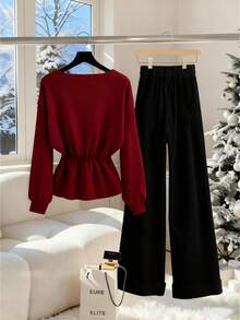 Franclia 女士两件套：V领立领长袖衬衫，袖口饰有细节，腰部收紧，金属纽扣点缀；高腰阔腿裤，前贴袋和腰带环，休闲时尚。