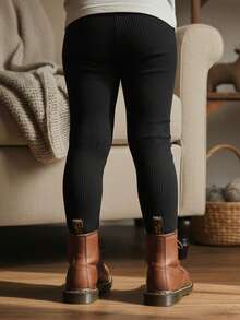 LMoss Kids LMoss Young Girl Solid Color Fitted Casual Leggings, Cozy Fall & Winter Styles, Autumn And Winter Clothes, Textured Pits, Suitable For Everyday Wear In Autumn And Winter, Versatile For Everyday Use, Leggings, Tights, Black Pants, Fall