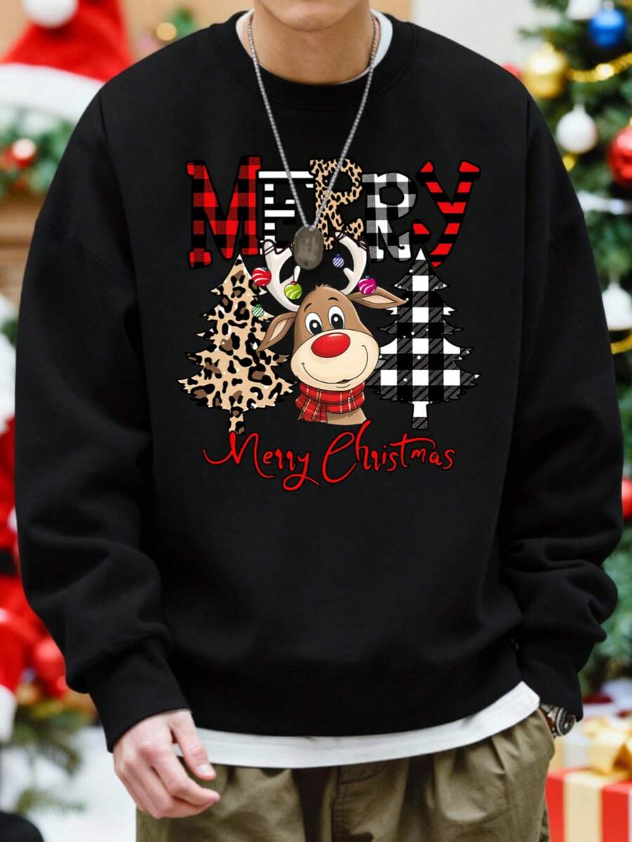 Hombre004 Sudadera de cuello redondo de moda, diseño navideño, cómoda y abrigada, perfecta para otoño e invierno, envío local desde México Camisa de navidad con un carnívoro venado juguetón, árboles de navidad con estampados atractivos y la alegre frase "Merry Christmas"(Por favor, elige una talla superior.) - Negro - Ver 1