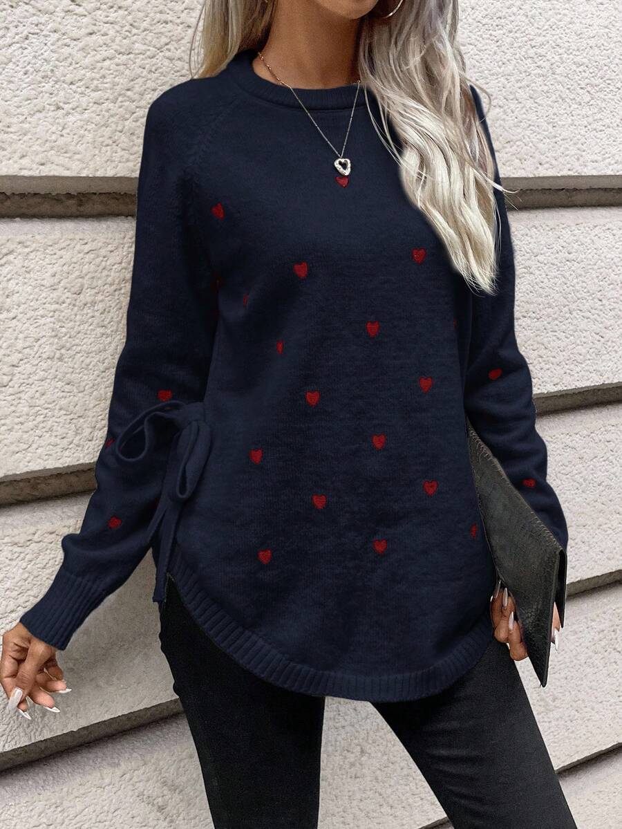 SHEIN Frenchy Women's Heart Jacquard Crew Neck Long Sleeve Side Tie Casual Sweater, Autumn/Winter Blue
