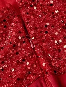 SHEIN MOD 大码女式亮片拼接褶皱露肩修身派对连衣裙 - 紅色 - 查看 3