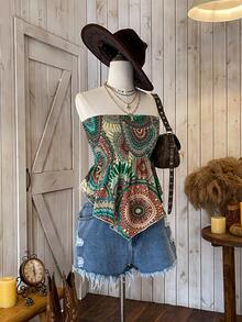 Wildy Summer Mandala Print Asymmetrical Hem Tube Bodycon Top - Multicolor - View 5