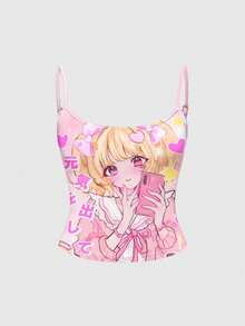 ROMWE Grunge Punk Anime Cartoon Heart Graphic Cute Kawaii Camisole Tank Top For Women - Pink - View 1