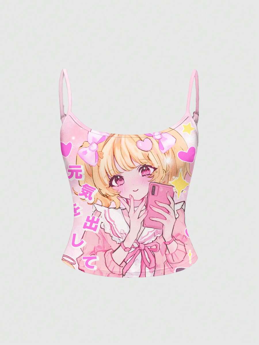 ROMWE Grunge Punk Anime Cartoon Heart Graphic Cute Kawaii Camisole Tank Top For Women - Pink - View 1