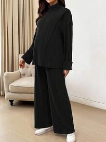 SHEIN 2件套孕妇休闲长袖上衣和裤子套装 - 黑色 - 查看 9