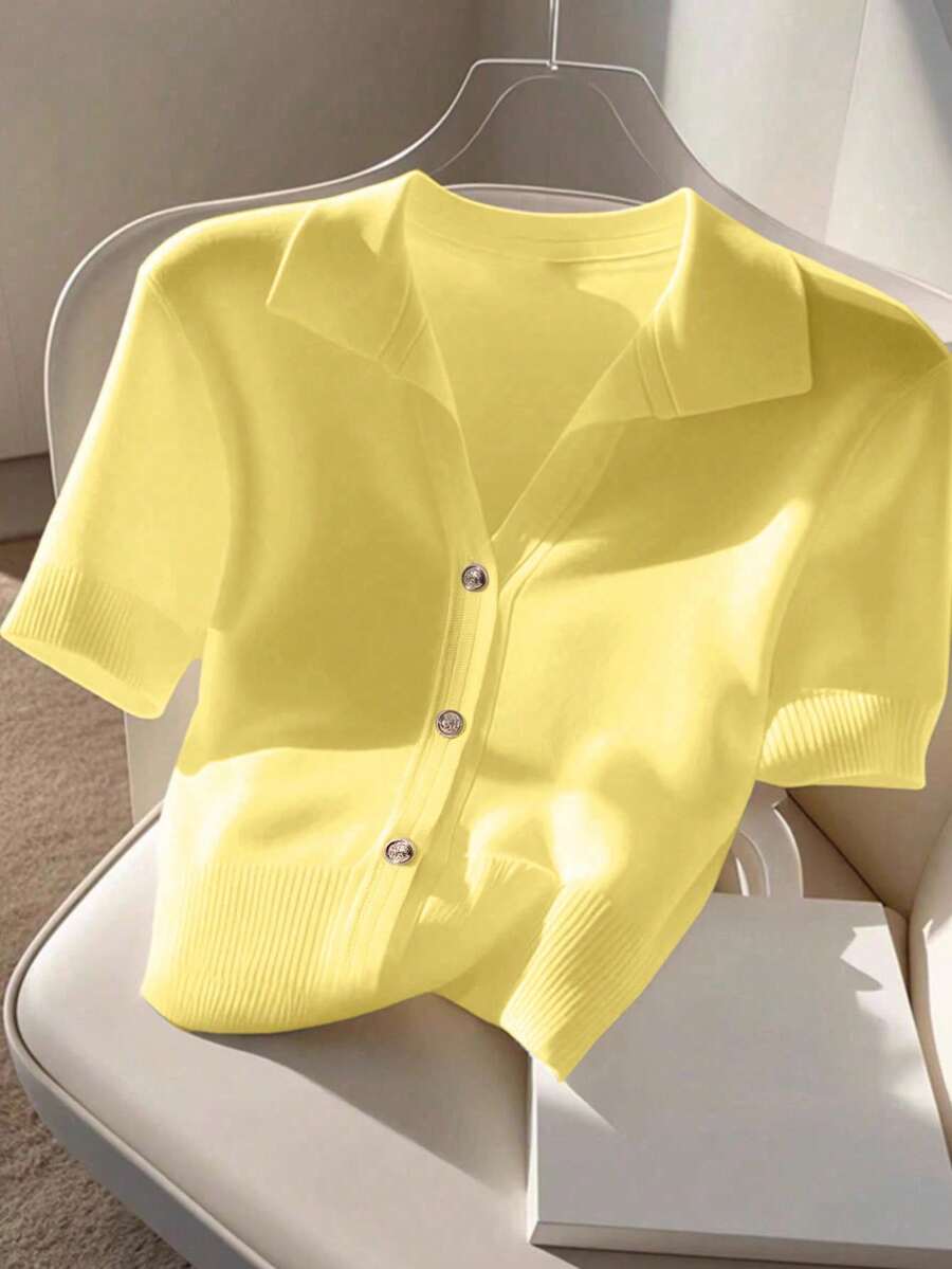 Franclia New Summer Korean Style Casual & Business Versatile Women Polo Collar Knit Top - Yellow - View 1