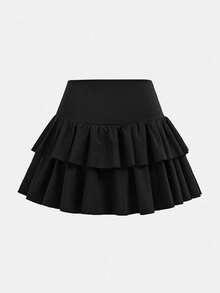 SHEIN 少女休闲、运动、上学、返校季，黑色荷叶边下摆短裤搭配伞裙，春夏装 - 黑色 - 查看 3