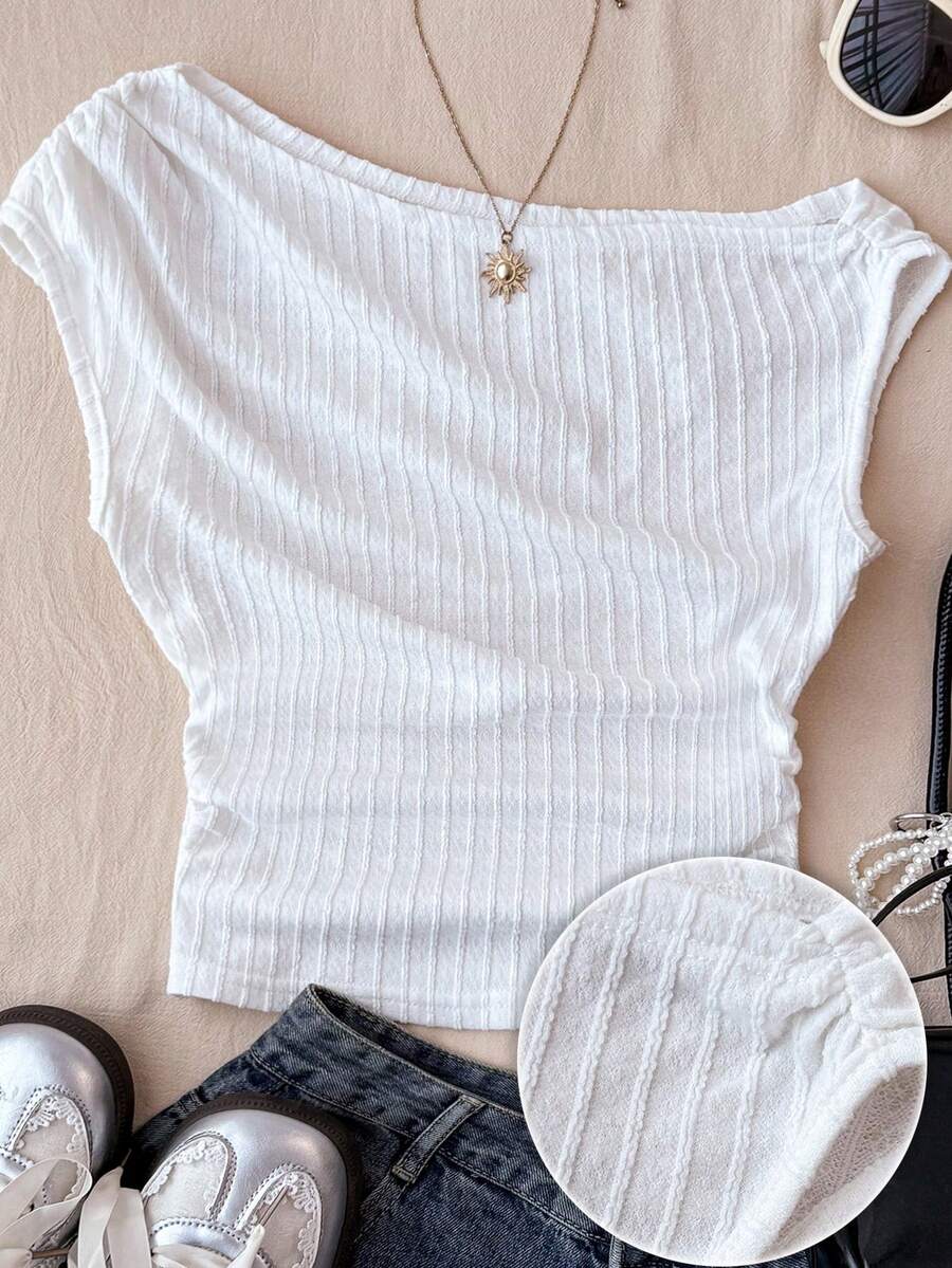 SHEIN 少女白色针织休闲简约纹理面料不对称褶皱短款上衣，适合春夏穿着，休闲百搭，个性风格，日常穿着 - 白色 - 查看 1