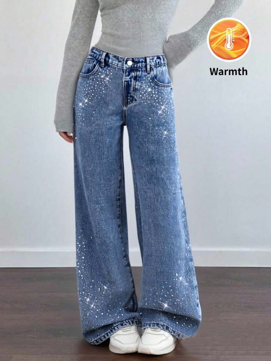 SHEIN Tween Girls Y2K 时尚水洗蓝色水钻装饰牛仔裤,喇叭腿休闲牛仔裤,适合城市漫步、日常时尚、拍照、闲逛、上学、通勤、聚会,2025 年秋季新品 - 中等水洗藍 - 查看 1