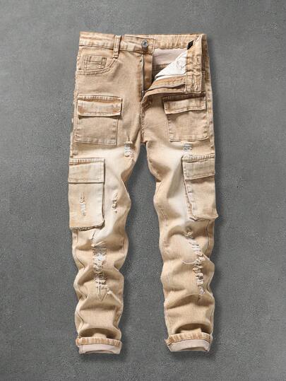 复古街头风做旧破洞多口袋弹力修身牛仔工装裤，适合青少年男孩秋冬季穿着，男女皆宜