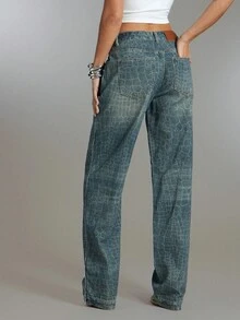 Denimoi Jeans dritti con bottoni, spacchi alla caviglia e stampa, moda streetwear adatta per concerti - Blu lavato medio - Visualizzare 3