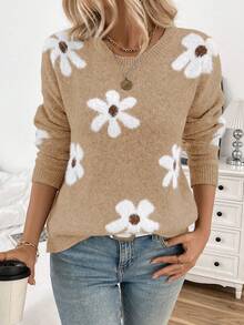 EMERY ROSE Áo len dệt kim tay dài cổ tròn hở vai họa tiết hoa nhẹ nhàng cho nữ, mùa thu/đông - Lạc đà - Xem 5