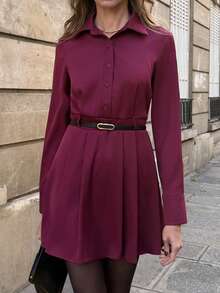 SHEIN PariChic 2025秋冬新款女士系带长袖褶裥装饰短裙，采用舒适亲肤的酒红色面料，侧边隐形拉链+同色系纽扣门襟+袖口纽扣细节+黑金金属腰带，修身显瘦，尽显青春优雅的法式风情，通勤百搭，女士秋冬新款连衣裙，女士秋冬穿搭，女士秋冬服装 - 酒紅色 - 查看 6