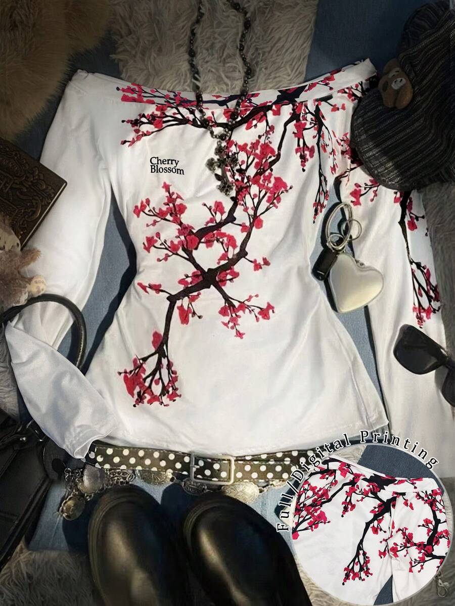 SHEIN Áo thun in hình Y2K cỡ lớn dành cho nữ, họa tiết hoa mận, phù hợp cho mùa thu đông, thời trang, áo thun in hình, áo thun thời trang, quà tặng cho anh chị em, quà tặng cho chị em gái, áo thun dễ thương, áo thun cổ điển thập niên 2000, giản dị và đơn giản, áo thun thời trang - Nhiều màu - Xem 1